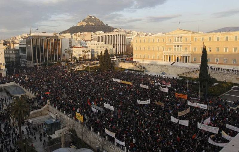Thousands of people take part in an anti-austerity demonstration in Athens' Syntagma square 