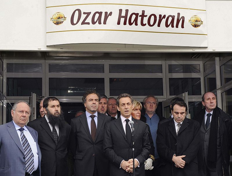 Nicolas Sarkozy, France's President and UMP party candidate for 2012 French presidential election, delivers a speech in front of the "Ozar Hatorah" Jewish school in Toulouse, southwestern France