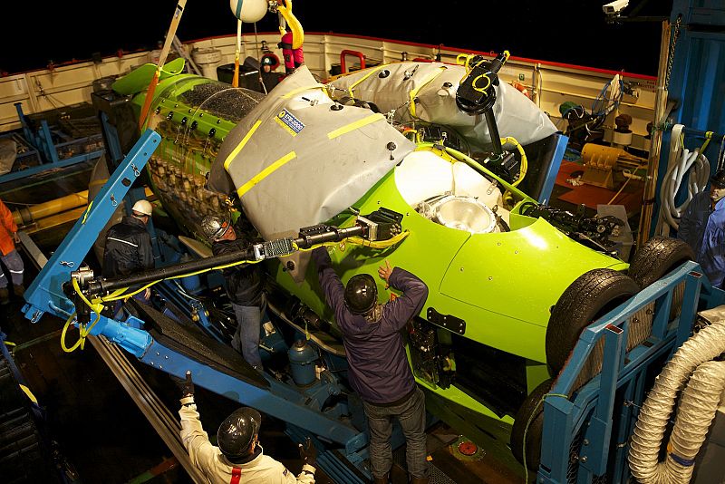 Handout photo of crews preparing the Deepsea Challenger for its first test in the ocean at Jervis Bay