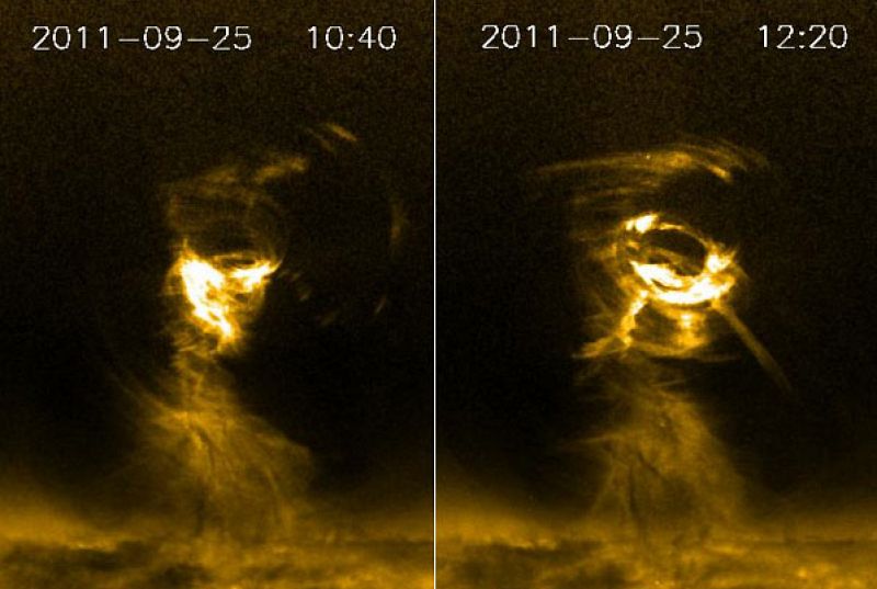 Uno de los satélites de la NASA grabó un impresionante tornado solar en la superficie del Sol cinco veces más grande que la Tierra