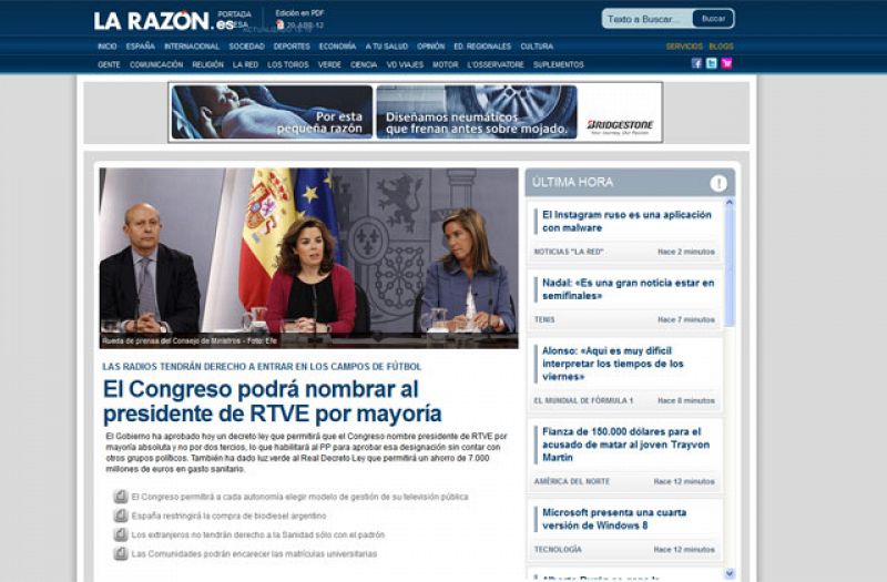 Portada de La Razón sobre el cambio en la elección del presiente de RTVE anunciado por el Gobierno.