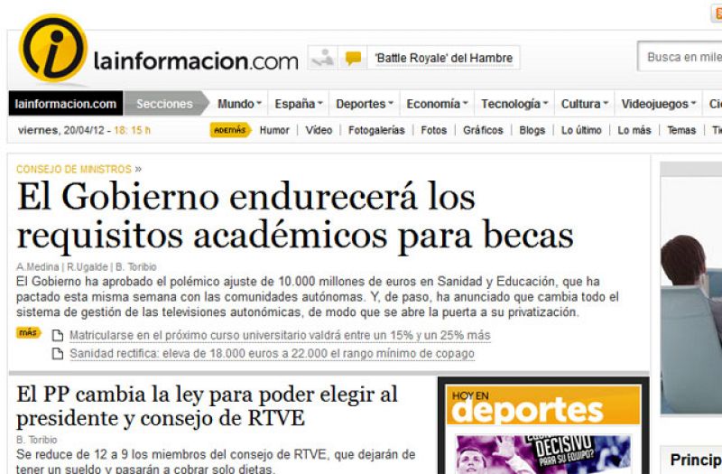 Portada de La Infomración sobre el cambio en la elección del presiente de RTVE anunciado por el Gobierno.