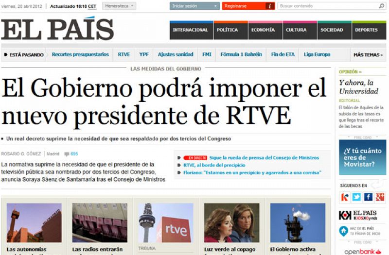 Portada de El País sobre el cambio en la elección del presiente de RTVE anunciado por el Gobierno.