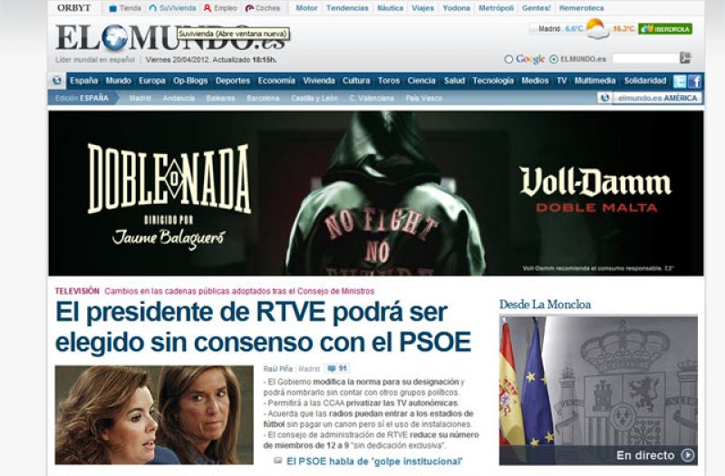 Portada de El Mundo sobre el cambio en la elección del presiente de RTVE anunciado por el Gobierno.