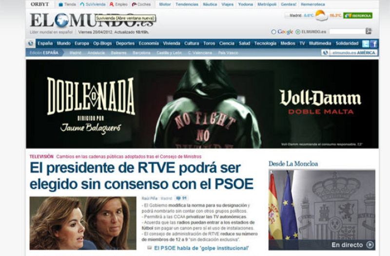 Portada de El Mundo sobre el cambio en la elección del presiente de RTVE anunciado por el Gobierno.