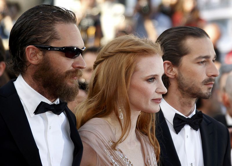 Cast members Hardy Labeouf and Chastain arrive on the red carpet for the screening of the film Lawless at the 65th Cannes Film Festival