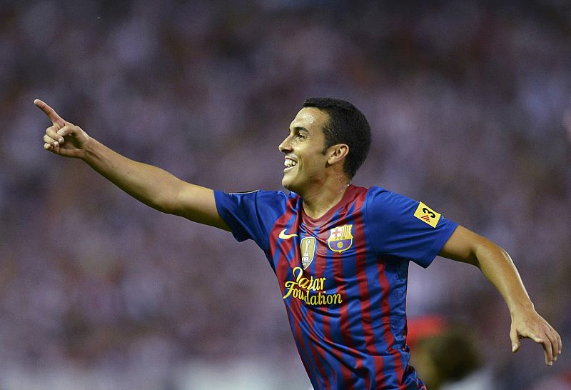 Barcelona's Pedro celebrates after scoring against Athletic Bilbao during their Spanish King's Cup final at the Vicente Calderon stadium in Madrid