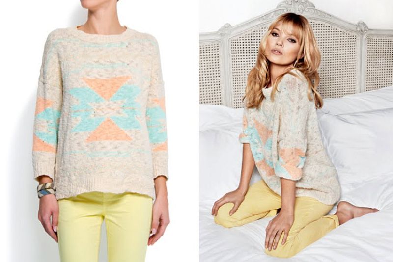 Kate Moss luce en un anuncio de Mango este jersey en hilo con estampación azteca, convertido en uno de los superventas de la pasada primavera.