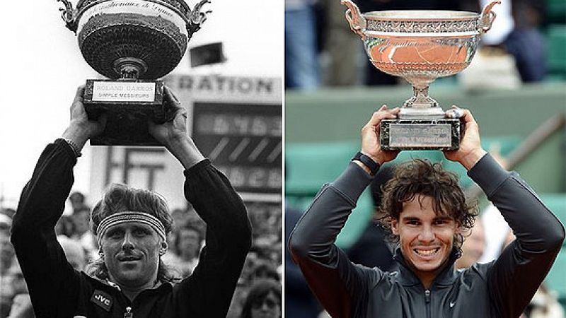 Bjorn Börg y Rafa Nadal levantan la copa de Roland Garros