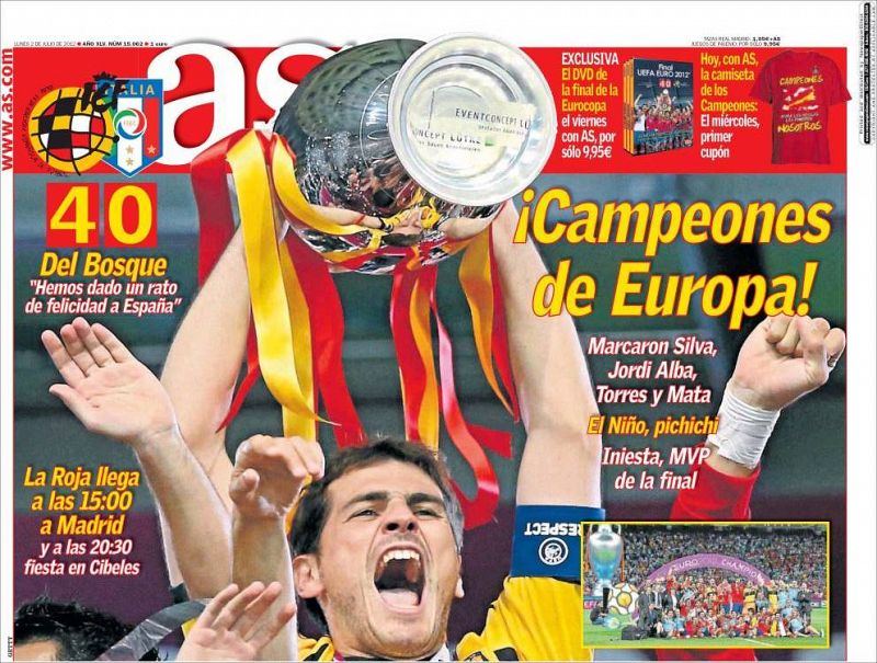 "¡Campeones de Europa!", titula el diario As que une portada y contraportada con un primer plano de Casillas levantando la copa.