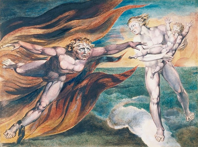 William Blake. El ángel bueno y el ángel malo. 1795, ¿h. 1805?. Grabado en color acabado en tinta y acuarela sobre papel.