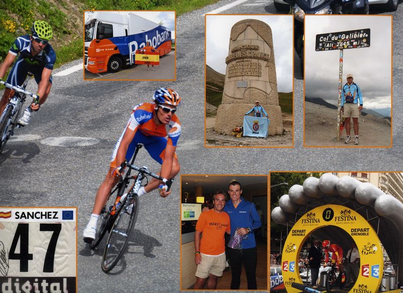 Montaje de fotos del Tour 2011 con la foto principal de mi paisano y amigo Luis León en la bajada del Galibier, fotos del Galibier, con Luisle, en el hotel y el dorsal del 2011 de Luis León firmado.