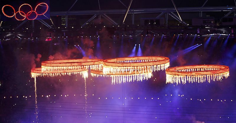 The Olympic rings are seen during the opening ceremony of the London 2012 Olympic Games at the Olympic Stadium