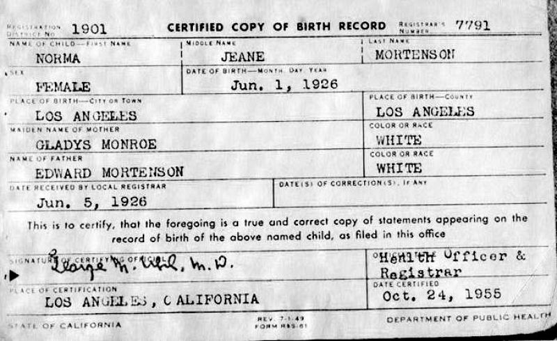 Certificado de nacimiento de Marilyn Monroe.