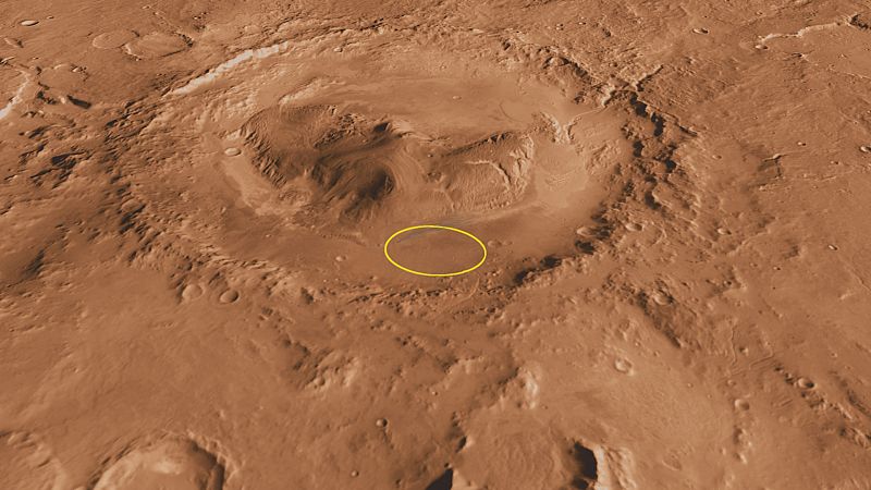 El cráter Gale, con la zona de aterrizaje de Curiosity marcada en amarillo