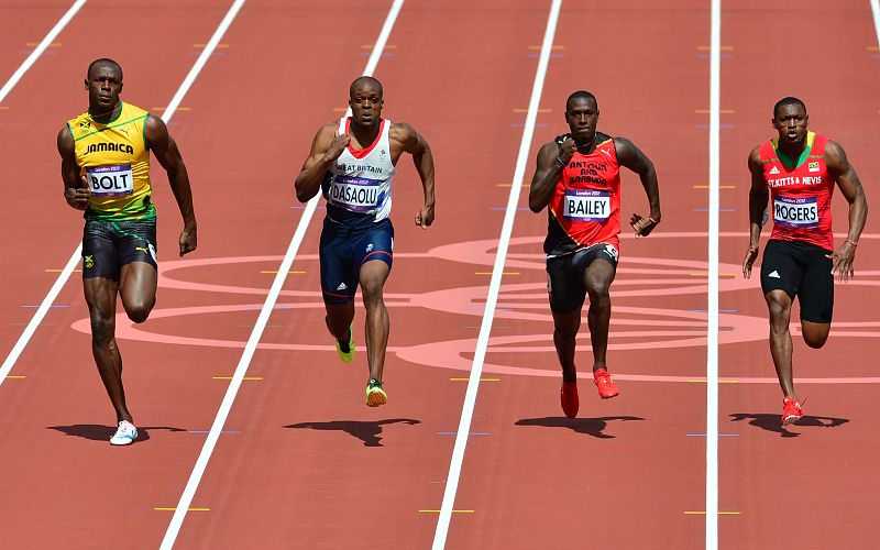 Usain Bolt, James Dasaolu, Daniel Bailey y Jason Rogers