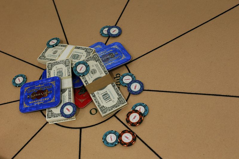 A poker table from The One and Only Ocean Club in the film "Casino Royale" is seen during a media preview of "50 Years of James Bond - the Auction", at Christie's in London