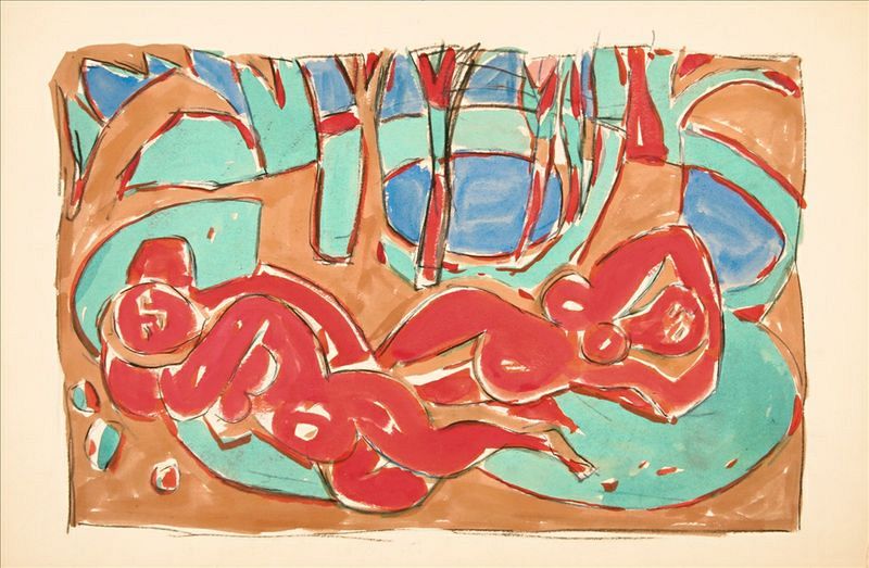 Gouache, lápiz y barra litográfica sobre papel. 331 x 506 mm. Ca. 1943. Colección particular