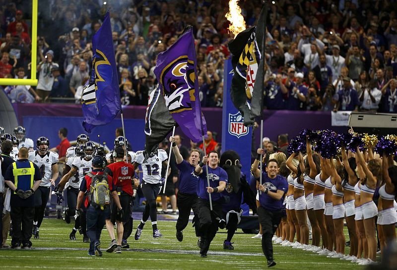 The Ravens take the field before they play the 49ers in the NFL Super Bowl XLVII football game in New Orleans