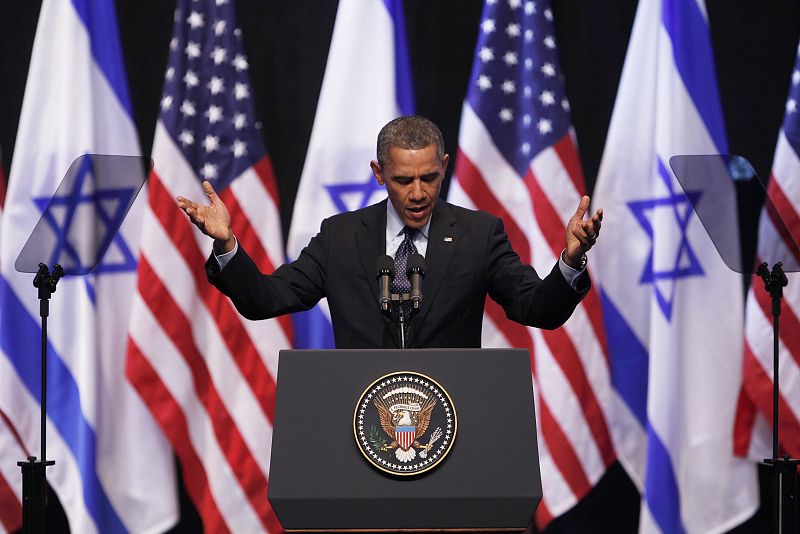 Barack Obama durante su conferencia a los estudiantes en el Centro Internacional de Convenciones de Jerusalén.