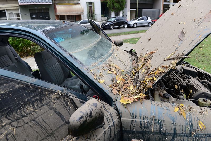 Un coche lleno de barro y ramas después de las inundaciones