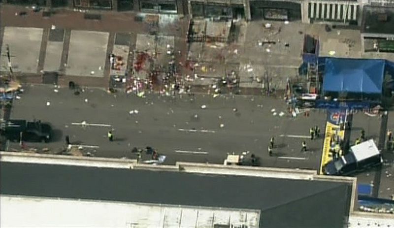 NBC still image taken from video shows the scene of an explosion at the Boston Marathon