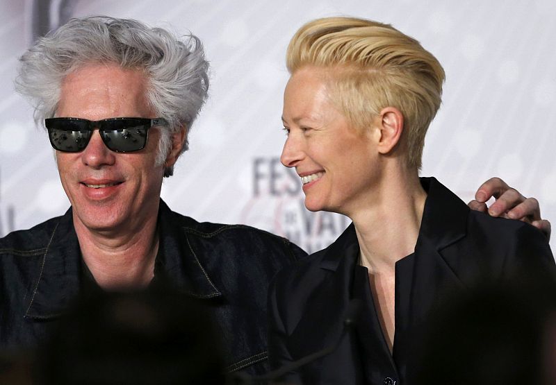 Director Jim Jarmusch and cast member Tilda Swinton attend a news conference for the film "Only Lovers Left Alive" during the 66th Cannes Film Festival