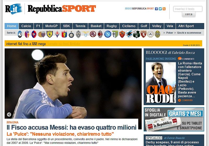 La sección de Deportes del diario Repubblica se centra en el argentino.