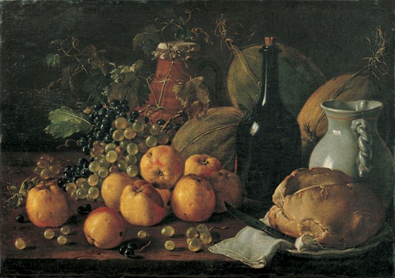 "Naturaleza muerta con manzanas, uva, melones, pan, jarra y botella", de Luis Meléndez, 1771.