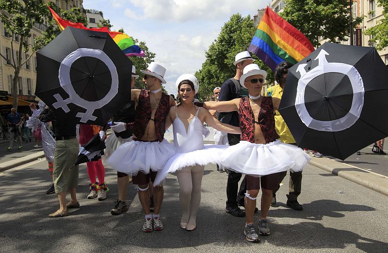 People take part in the first Gay Pride march Marche des Fiertes since a French law permitting gay and lesbian marriage was passed in Paris