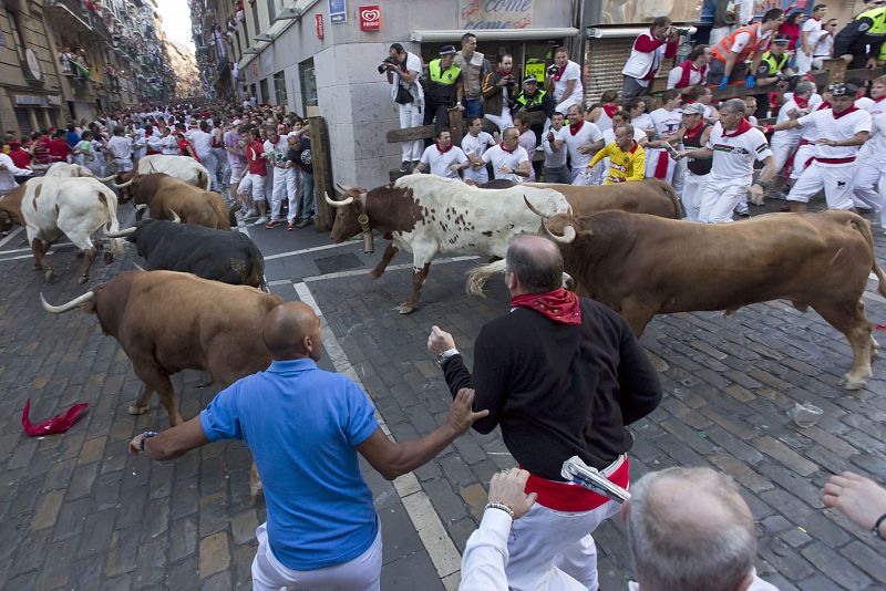 First bull run in Fiesta de San Fermin in Pamplona