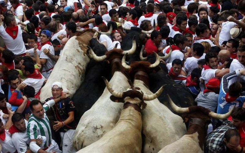 Runners get trapped with Fuente Ymbro fighting bulls during the seventh running of the bulls of the San Fermin festival in Pamplona
