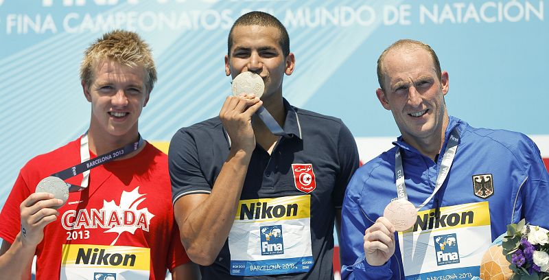 Podio de la prueba de 5 km aguas abiertas masculino