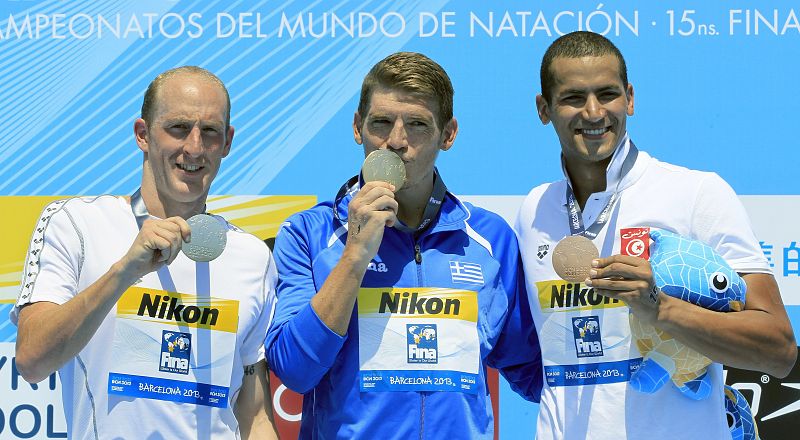 Podio de la prueba  masculina de 10 km aguas abiertas.