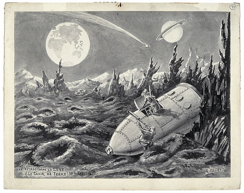 Georges Méliès. «Claro de Tierra (10º cuadro)», c. 1930. Recomposición de una escena de la película Voyage dans la Lune [Viaje a la Luna, 1902].