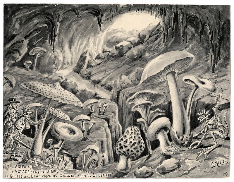 Georges Méliès. «La gruta de las setas gigantes. Primer selenita (15º cuadro)», c. 1930. Recomposición de una escena de la película Voyage dans la Lune [Viaje a la Luna, 1902].