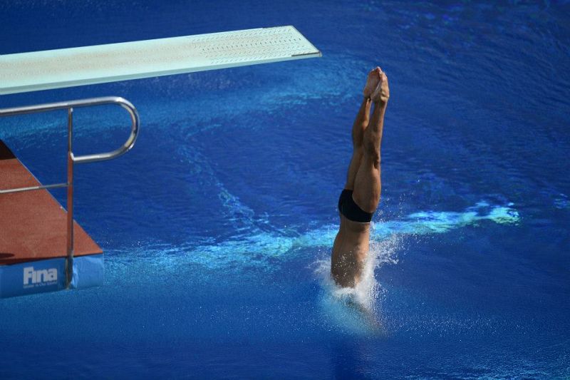 El saltador japones Sho Sakai ejecuta su salto  durante la prueba trampolín de 3 metros en los Campeonatos del Mundo de Natación que se celebran en la piscina municipal de Montjuïc de Barcelona.