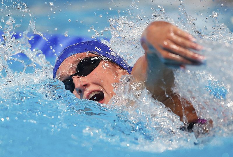 La nadadora española Mireia Belmonte García en los 4x200m estilo libre femeninos durante el Campeonato Mundial de Natación de Barcelona.