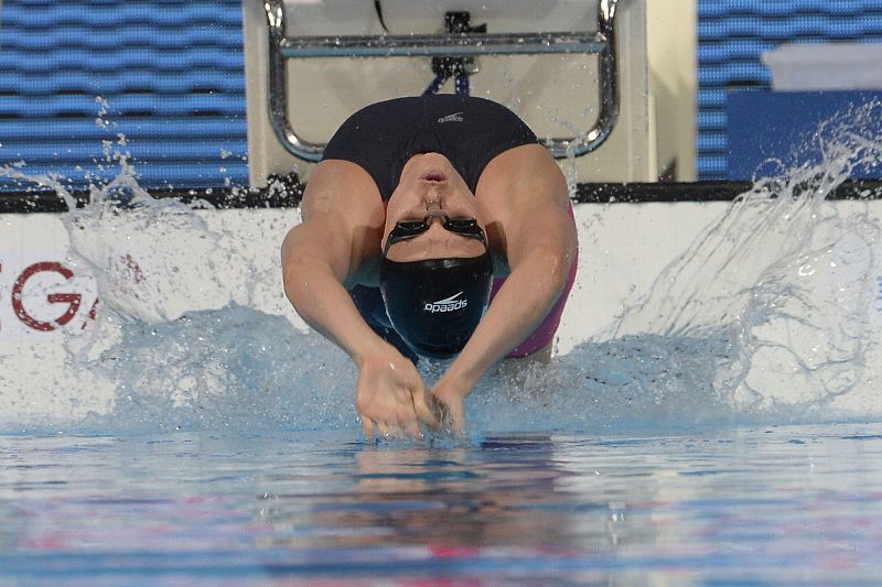 La guatemalteca Gisela Morales durante las fases de clasificación de los 200m espalda, que se ha celebrado esta mañana en la piscina del Palau Sant Jordi.