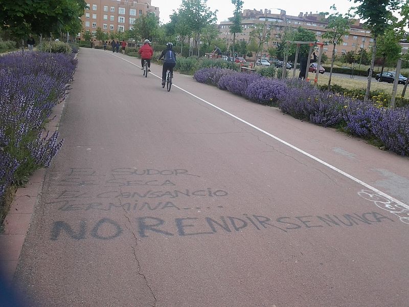 Os enviamos esta foto porque es esencia del deporte y del ciclismo en particular. Es un graffiti pintado en la calzada del Anillo Verde Ciclista, el cual nos une a todos los amigos del ciclismo que formamos la Comunidad del Anillo Verde. A ver si ha