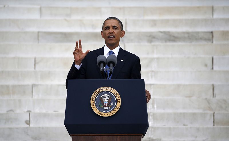 Obama speaks during a ceremony marking the 50th anniversary of Martin Luther King's "I have a dream" speech in Washington