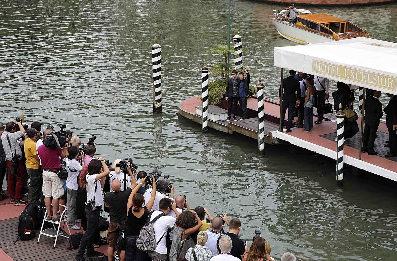 British actor Radcliffe poses with director Krokidas of the movie "Kill Your Darlings" during the 70th Venice Film Festival in Venice