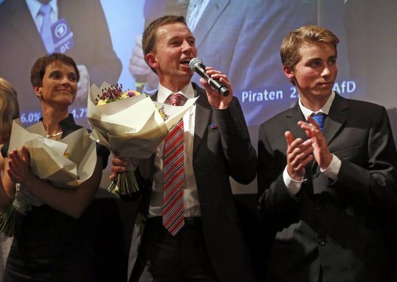 Alternative fuer Deutschland party top candidate Lucke addresses after first exit polls in the German general election in Berlin