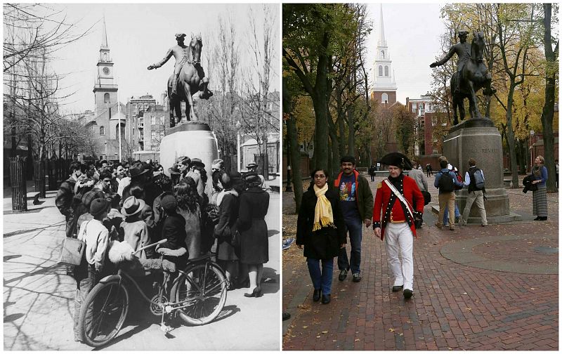 La estatua de Paul Revere de Boston; a la izquierda, JFK durante su campaña al Congreso en 1946