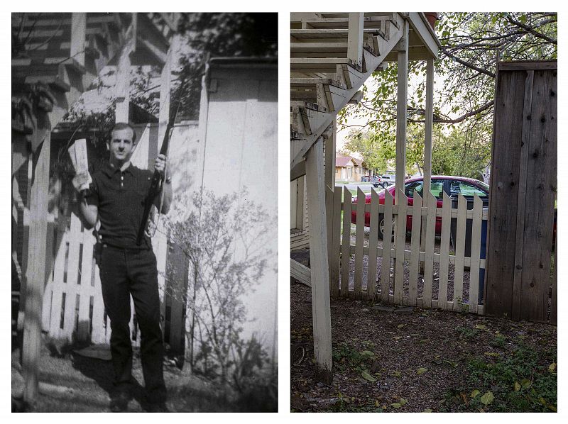 Esta fotografía de Lee Harvey Oswald con su rifle'en el jardín de su residenciase dio la vuelta al mundo. A la derecha, el mismo jardín hoy