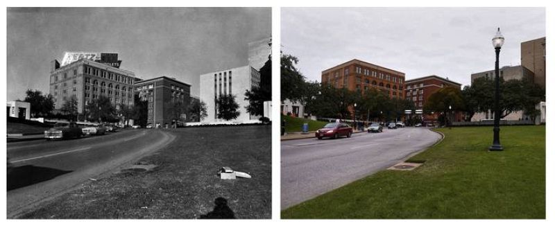 Imágen de una de las calles que siguió la comitiva de JFK; al fondo, el Texas School Book Depository, desde donde se supone que se disparó al presidente. 