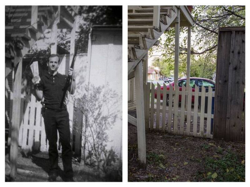 Esta fotografía de Lee Harvey Oswald con su rifle'en el jardín de su residenciase dio la vuelta al mundo. A la derecha, el mismo jardín hoy