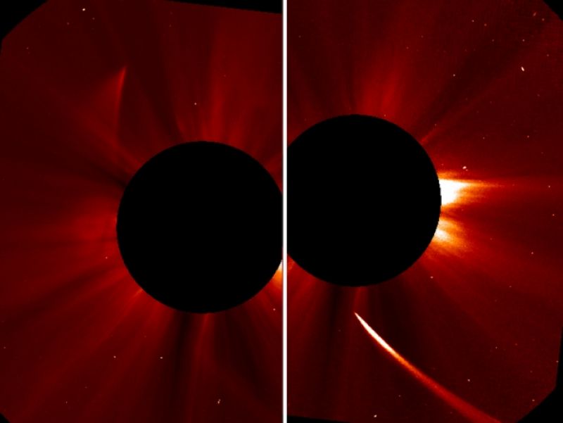 El cometa ISON reapareciendo por la derecha. Imagen captada por el telescopio solar espacial SOHO.