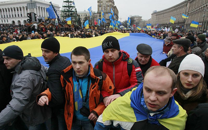 People supporting EU integration hold a rally in Kiev