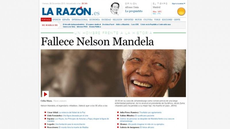 La versión digital del diario 'La Razón' titula: "Fallece Nelson Mandela", y añade una foto del líder sonriente a tres columnas.